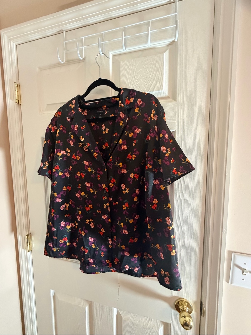 Halogen Black Short-Sleeve Floral Button-Front Blouse